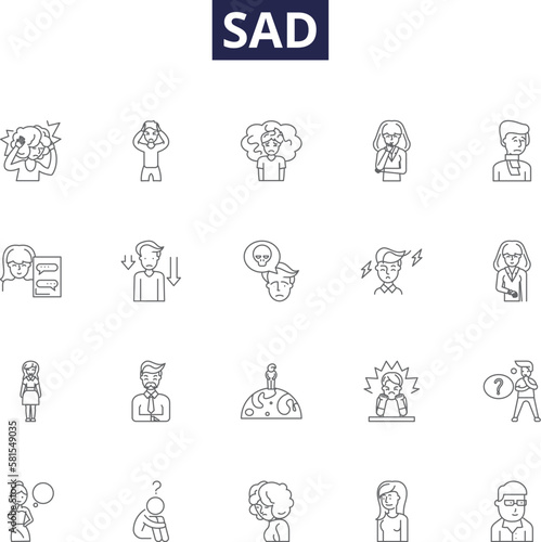 Sad line vector icons and signs. gloomy, melancholic, sorrowful, despairing, mournful, desolate, frustrated, hurt outline vector illustration set