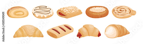 Buns as Sweet Wheat Pastry or Confectionery Made from Flour and Yeast Vector Set
