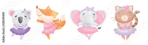 Animals Ballet Dancer in Tutu Skirt and Pointe Shoes Vector Set