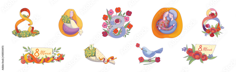 International Woman Day Holiday with Happy Female and Flowers Vector Set International Woman Day Holiday with Happy Female and Flowers Vector Set