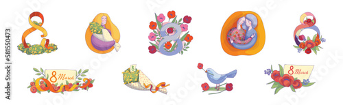 International Woman Day Holiday with Happy Female and Flowers Vector Set