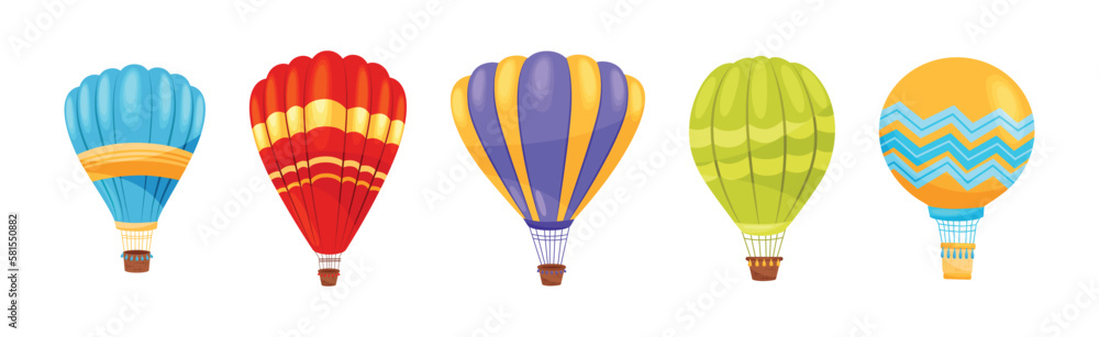 Fototapeta premium Hot Air Balloon as Light Aircraft with Gondola or Basket Vector Set
