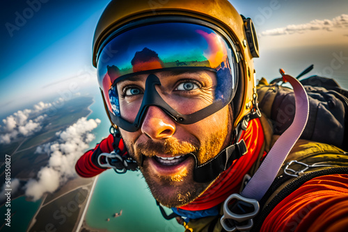 Skydiver man happy smiling in free fall makes selfie, flying over the earth sea with clouds. Generative AI © aapsky