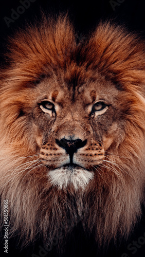 Frontal Portrait of Male Lion With A Black Background, Piercing Eyes, Big Mane, Powerful Image Symbolizing Strength And Courage