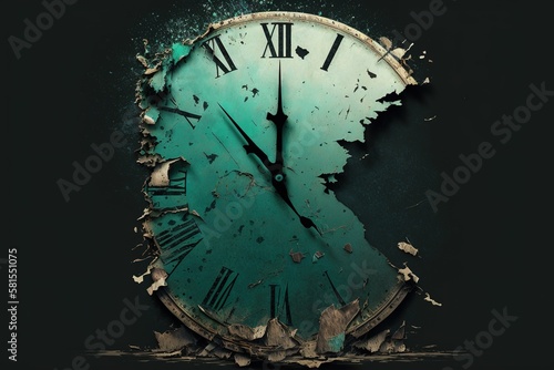 Broken clock illustration over dark background. Generative AI