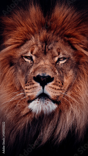 Portrait of Male Lion s Face  With A Black Background  Powerful Image Symbolizing Strength And Courage