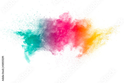 Yellow red and green dust explosion on white background. Red yellow and green powder splash.