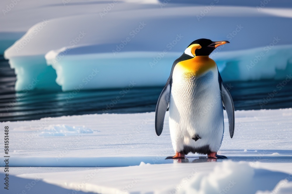 Obraz premium Emperor penguin in the Antarctica on an ice floe at winter. Wildlife concept of ecological environment. Generative AI