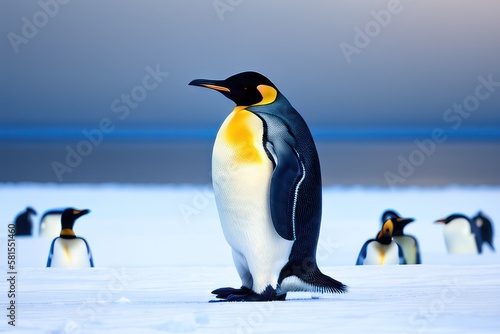 Emperor penguin in the Antarctica on an ice floe at winter. Wildlife concept of ecological environment. Generative AI