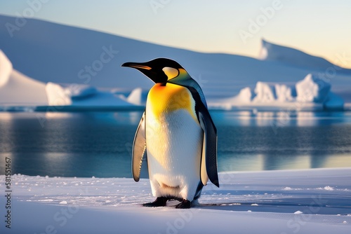 Emperor penguin in the Antarctica on an ice floe at winter. Wildlife concept of ecological environment. Generative AI