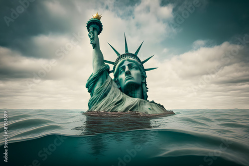 The Statue of Liberty is under water after the sea level has risen. Generative AI