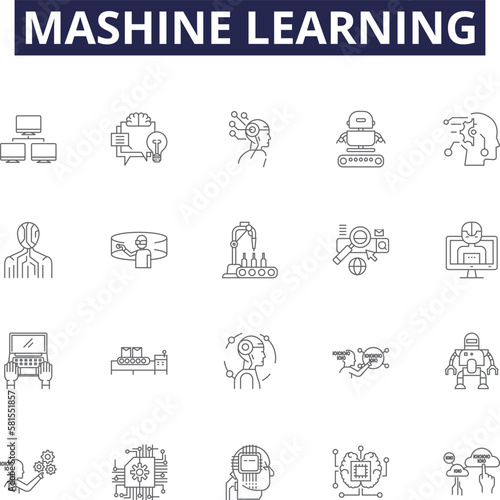 Mashine learning line vector icons and signs. learning, artificial, intelligence, neural, networks, supervised, deep, predictive outline vector illustration set