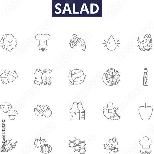 Salad line vector icons and signs. spinach, kale, tomatoes, peppers, onions, carrots, cucumbers, corn outline vector illustration set
