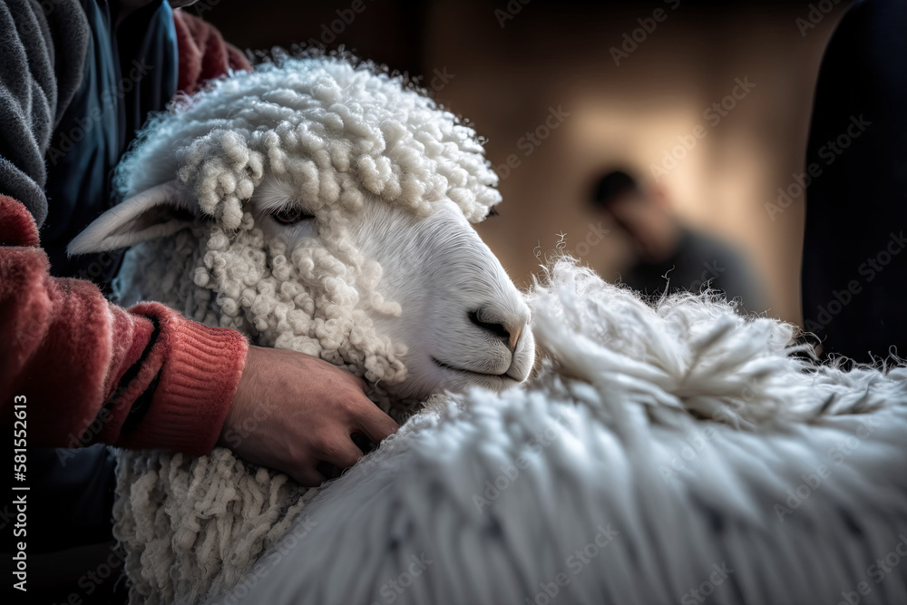 Farmer sheering alpaca fleece, Generative AI Farmer sheering alpaca fleece, Generative AI