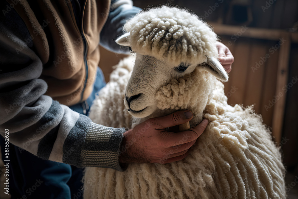 Farmer sheering alpaca fleece, Generative AI Farmer sheering alpaca fleece, Generative AI