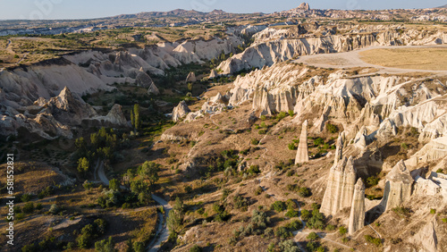 Aerial view of Love Valley to Uchisar Castle. one of the most popular hiking trails in Cappadocia, Turkey. Rock formations is set just outside of Goreme