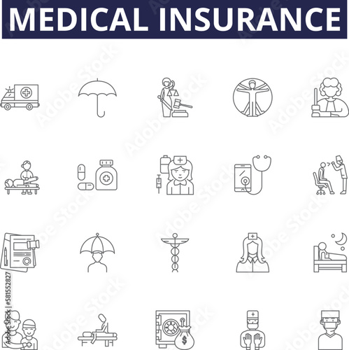 Medical insurance line vector icons and signs. Coverage, Plan, Protection, Premium, Insured, Coverage, Benefit, Medicare outline vector illustration set photo