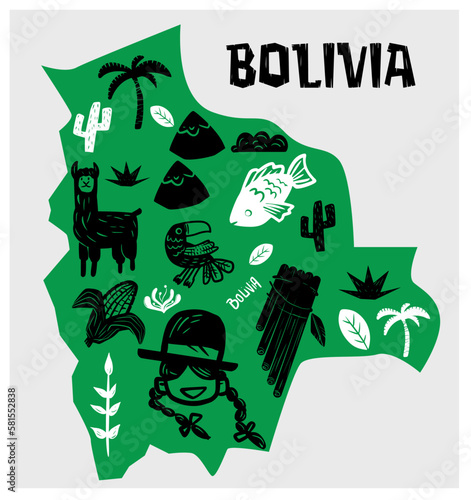 Vectorial hand drawn stylized map of Bolivia landmarks. Travel illustration. Bolivia geography illustration. South America map elements, separated icons
