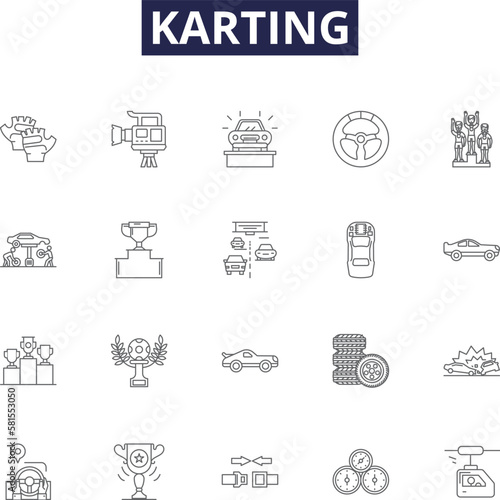 Karting line vector icons and signs. Racing, Kart, Track, Fast, Fun, Motorsports, Slick, Steering outline vector illustration set