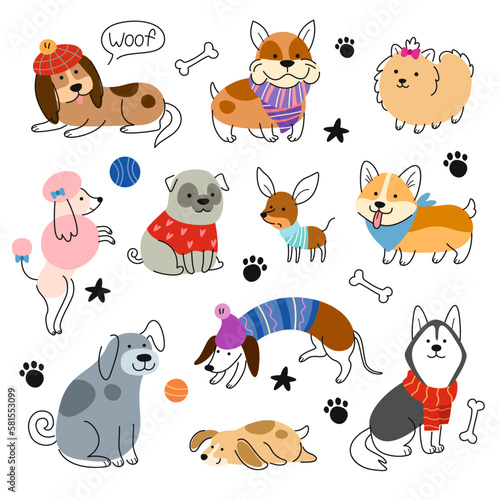 Set of Cute dogs. Colorful doodle stickers or icons with puppies of various breeds in stylish clothes. Funny kind pets or animals. Cartoon flat vector collection isolated on white background