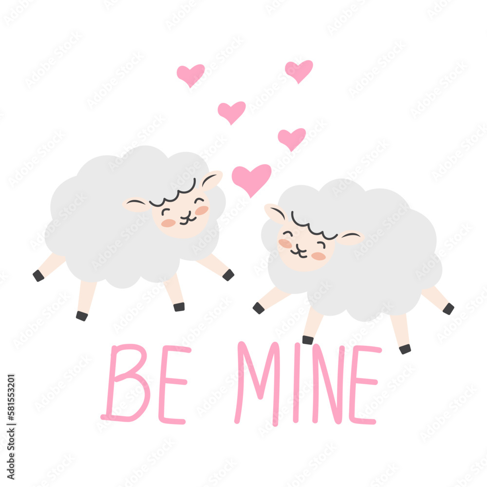 Valentine's day background with cute sheep cartoon and heart sign symbol