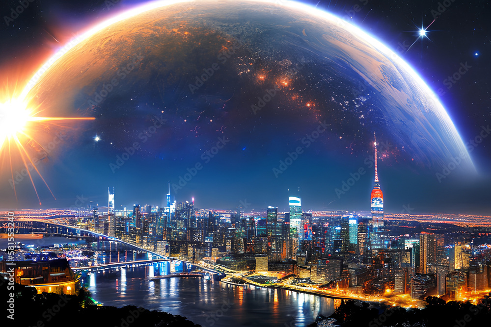 country skyline at night with planet