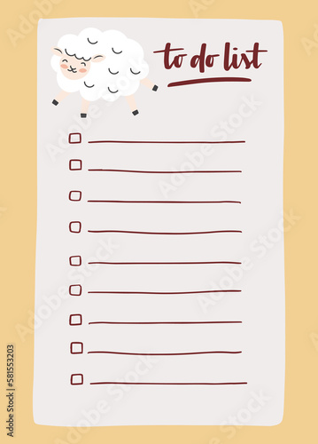 To do list template decorated by cute sheep. Cute design of schedule, daily planner or checklist. Vector hand-drawn illustration. Perfect for planning, notes and self-organization.