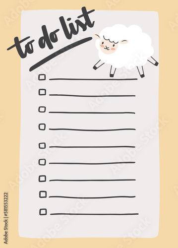 To do list template decorated by cute sheep. Cute design of schedule, daily planner or checklist. Vector hand-drawn illustration. Perfect for planning, notes and self-organization.