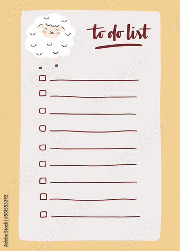 To do list template decorated by cute sheep. Cute design of schedule, daily planner or checklist. Vector hand-drawn illustration. Perfect for planning, notes and self-organization.