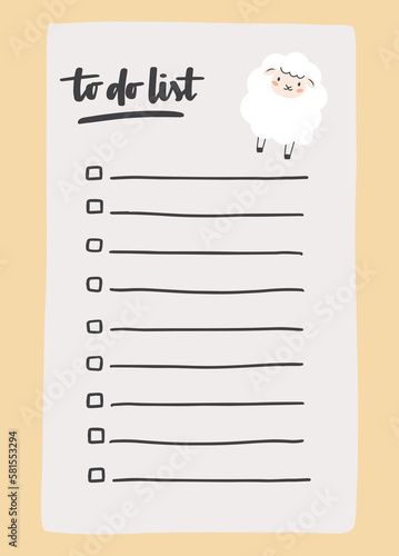 To do list template decorated by cute sheep. Cute design of schedule, daily planner or checklist. Vector hand-drawn illustration. Perfect for planning, notes and self-organization.