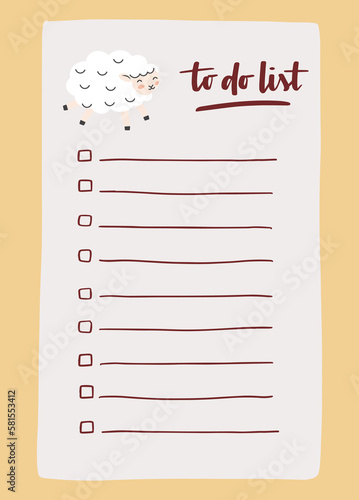 To do list template decorated by cute sheep. Cute design of schedule, daily planner or checklist. Vector hand-drawn illustration. Perfect for planning, notes and self-organization.