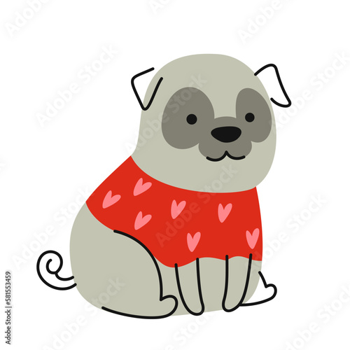 Cute Doodle Dog. Colorful sticker or icon with beautiful gray pug in stylish red sweater. Funny smiling animal or small adorable pet. Cartoon flat vector illustration isolated on white background