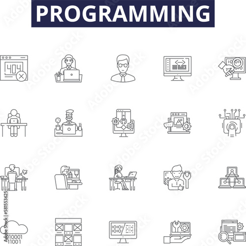 Programming line vector icons and signs. Scripting, Compiling, Algorithm, Debugging, Structuring, Syntax, Backend, Designing outline vector illustration set