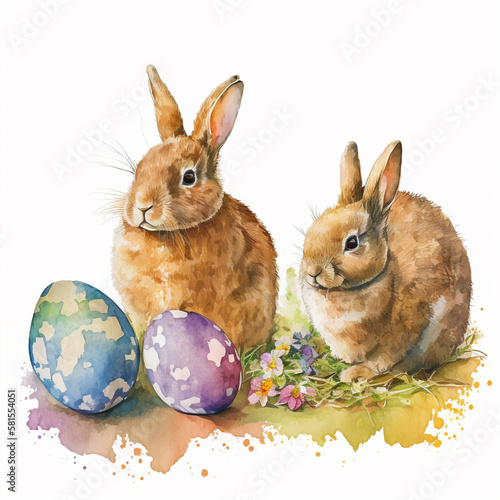 Watercolor Easter bunnies and easter eggs