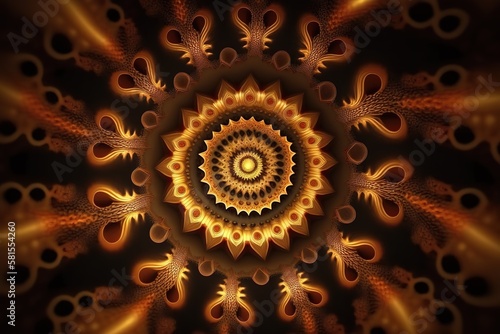 Colorful fractal background. Kaleidoscope of color in endless motion. Gold abstract patterns for meditation, yoga, show, mandala, fractal animation