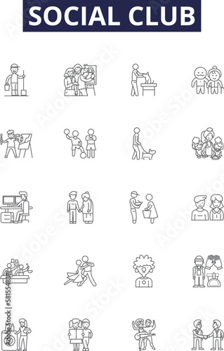Social club line vector icons and signs. society, fellowship, organization, collective, gathering, assembly, clique, coterie outline vector illustration set