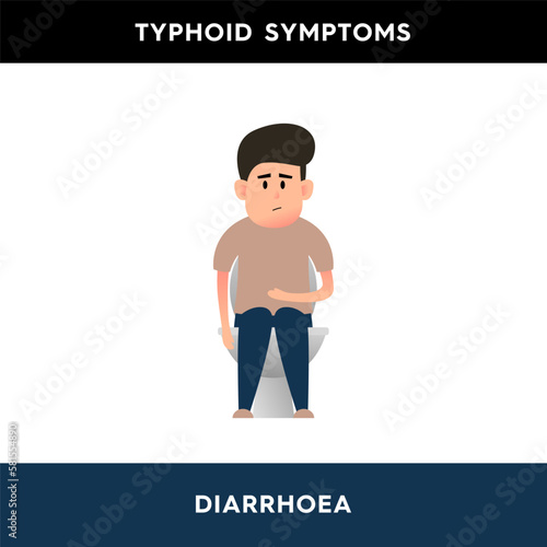 Vector illustration of a man who sits on the toilet and holds his stomach with his hands. The person feels unwell due to diarrhea. Typhoid symptoms. Illustration for medical articles, posters.
