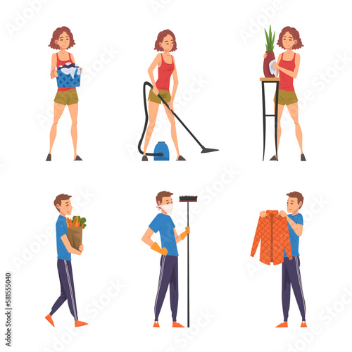 Man and Woman Doing Domestic Chores and Cleanup Vector Set