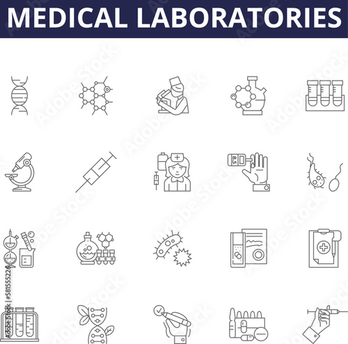Medical laboratories line vector icons and signs. Analysis, Tests, Samples, Pathology, Assays, Chemistry, Prognosis, Specimens outline vector illustration set
