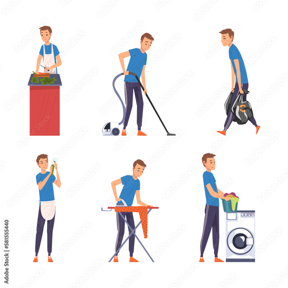 Young Man Doing Domestic Chores and Cleanup Vector Set