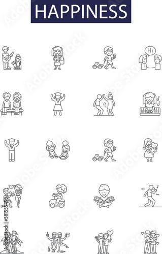 Happiness line vector icons and signs. Contentment, Bliss, Gratitude, Satisfaction, Cheer, Gladness, Ease, Zest outline vector illustration set