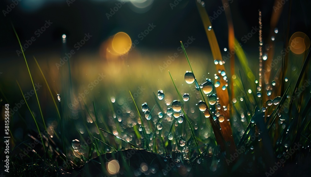 Dew drops on the grass with bokeh effect 
