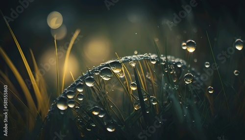 Wet grass, dew drops with bokeh effect background 