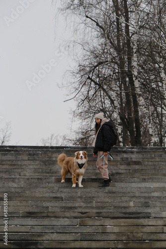A girl with an Australian shepherd Red Merle. Front view full-length portrait. A young pretty brunette woman is standing on the stairs in a winter park with her dog and enjoying a walk.