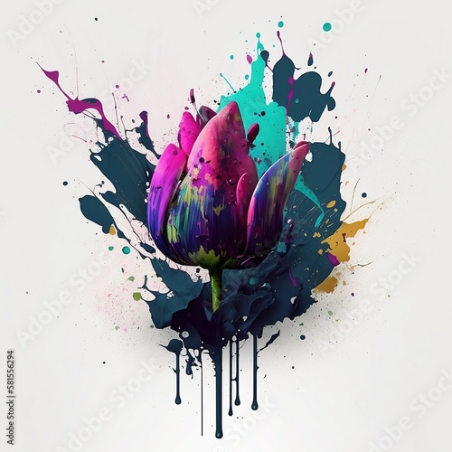 Tulip from splashes of paints. Tulip on a light background. Generative AI.