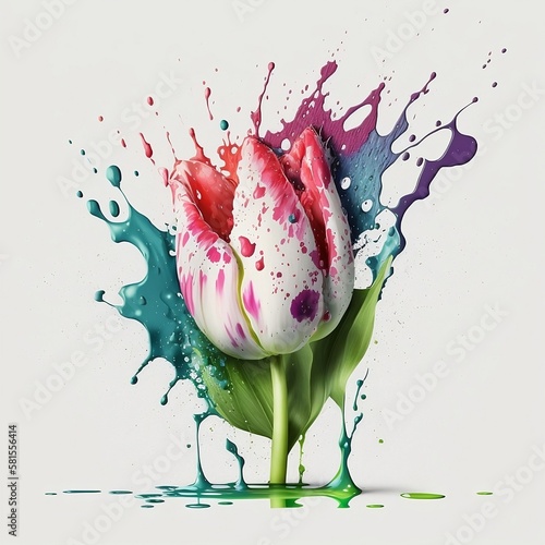 Tulip from splashes of paints. Tulip on a light background. Generative AI.