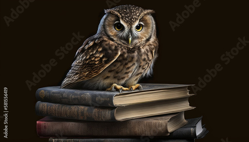 Wallpaper Mural owl sits on a stack of vintage books, generative ai Torontodigital.ca