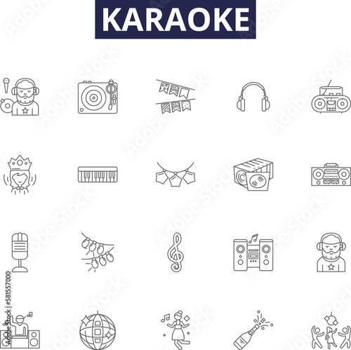 Karaoke line vector icons and signs. Music, Microphone, Lyric, Singers, Karaoke, Volume, Humming, Tune outline vector illustration set