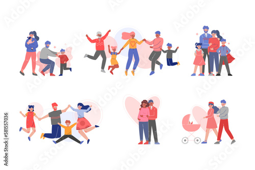 Happy Family with Young Parent Spending Time Together with Their Son and Daughter Vector Set