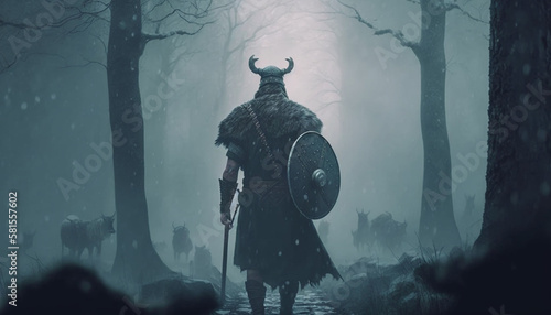 vikings in the foggy forest, generative ai